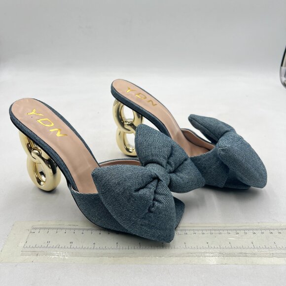 YDN Denim Blue Bowknot Mules Slip On Metal Slippers Chunky High Heels Sandals - Picture 4 of 8